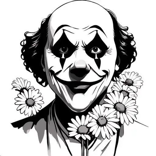 Art the Clowns face from the Terrifier movies in the middle of a bunch of daisies  tattoo design idea