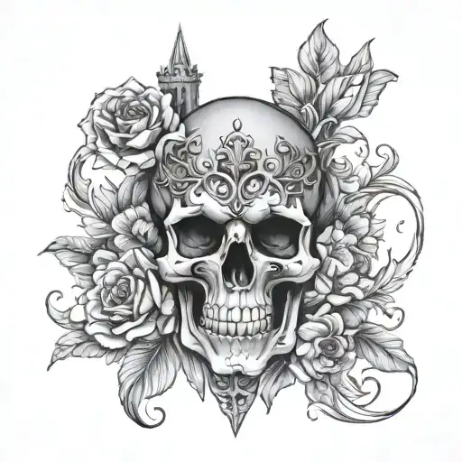skull flowers gothic castle tattoo design idea