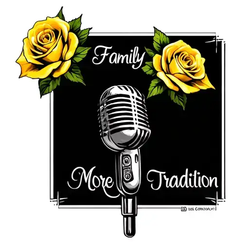 yellow roses and old school microphone and the words family tradition more weathered  tattoo design idea