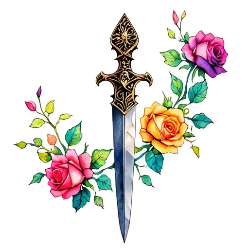 dagger with multicolored roses and thorns growing tattoo design idea