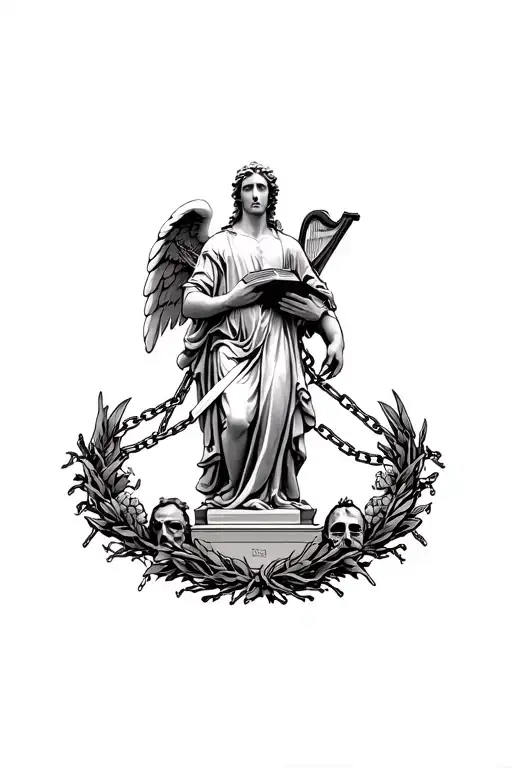 The statue of the angel constrained by chains, surrounded by wreaths, which has 4 hands, in his hands - a sword, a book, a severed head and a harp tattoo design idea