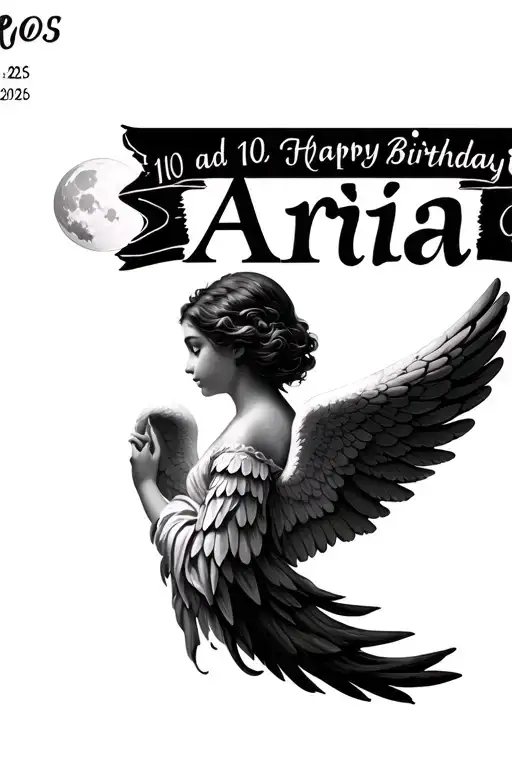 Angel wings with the name Aria add in the moon and her birthday 10.04.2025  tattoo design idea