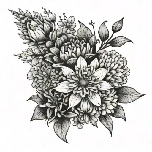 fine line tattoo with a bouquet of four flowers including a carnation, a cosmo, a aster, a Chrysanthemum  tattoo design idea
