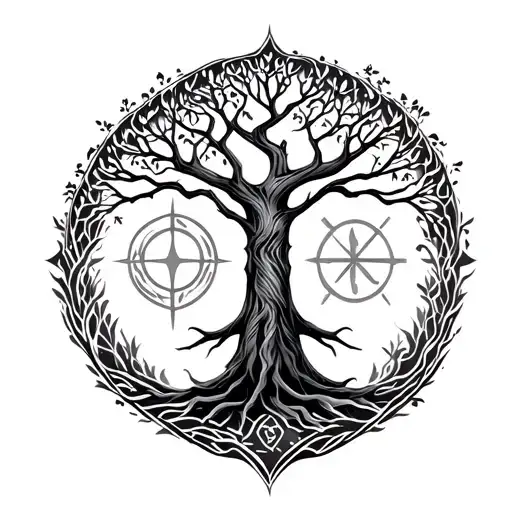 tree, star sign incorporated representing pisces and taurus tattoo design idea