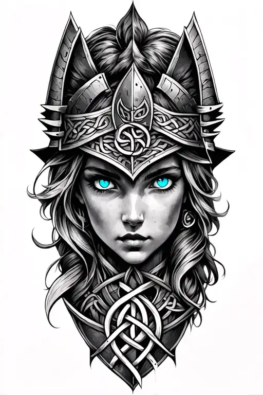 Valkyrie with blue eyes on armor tattoo design featuring Celtic trinity knot  tattoo design idea