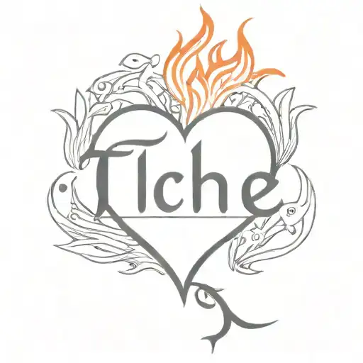 Heart on fire with the word Tiche tattoo design idea