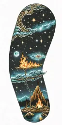 aquarius constellation in sky over camp fire in full color tattoo design idea