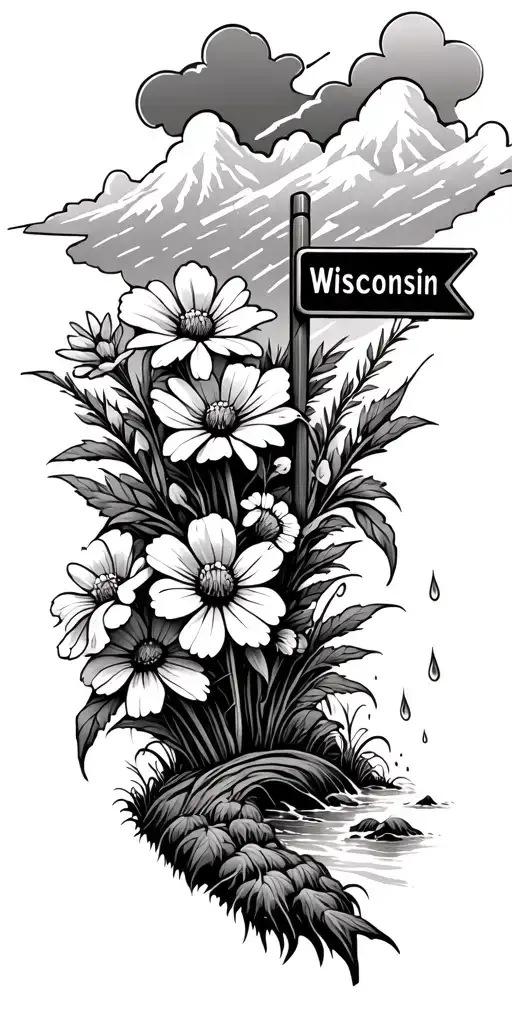 Mountains wild flowers with stream, clouds, Wisconsin road sign, storm with rain  tattoo design idea