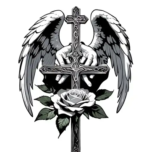cross wrapped with angel wings and prayinging hands with the rosal cross hanging but the small cross is laying on rose tattoo design idea