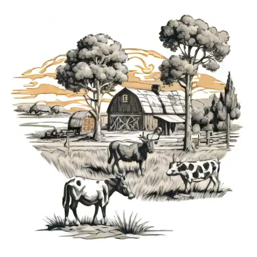 A stylized wildfire scene with farmyard tattoo design idea