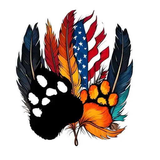 multiple feathers with fall colors with 2 dog paw prints incorporated, american flag, turquoise western jewlery tattoo design idea
