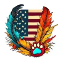 multiple feathers with fall colors with 2 dog paw prints incorporated, american flag, turquoise western jewlery tattoo design idea