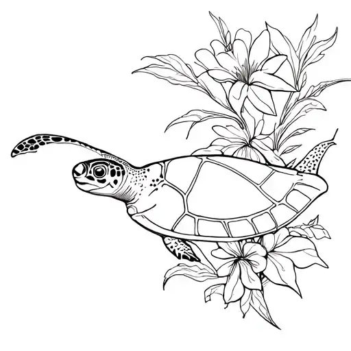 Line drawing of sea turtle and manta ray surrounded by tagimoucia and pride of barbados flowers tattoo design idea