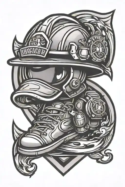 firefighter helmet shield and nike sneakers chibi art style tattoo design idea