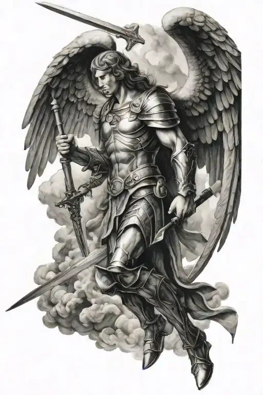 archangel michael holding a sword in heaven tattoo design idea