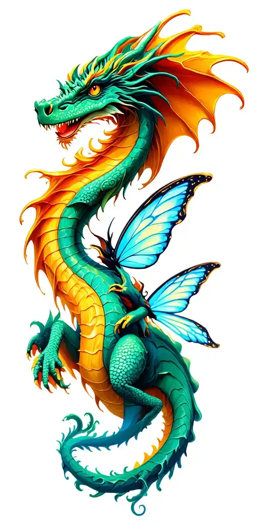 dragon and fairy surrounded tattoo design idea