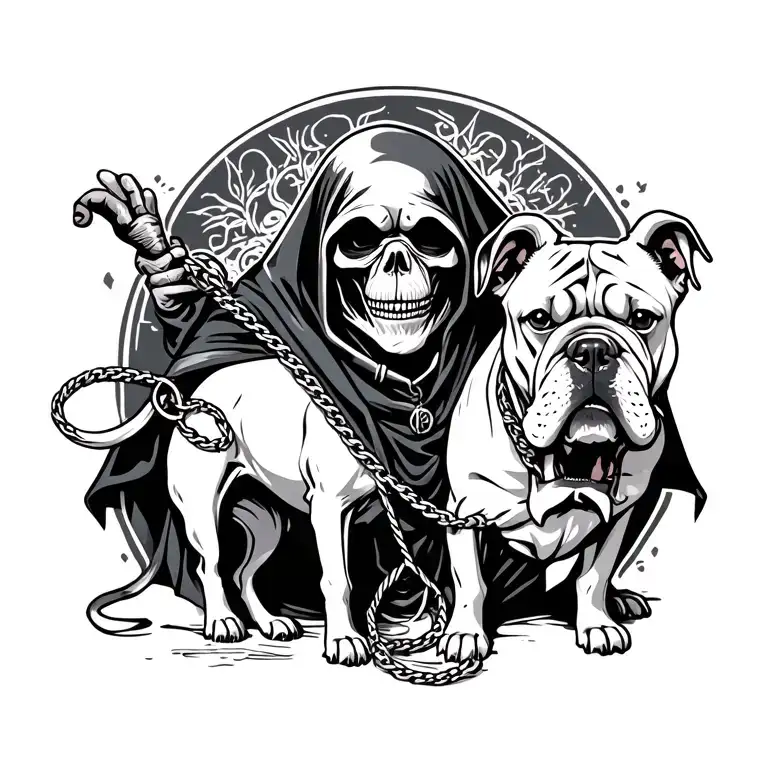 grim reaper holding leash to white bulldog tattoo design idea
