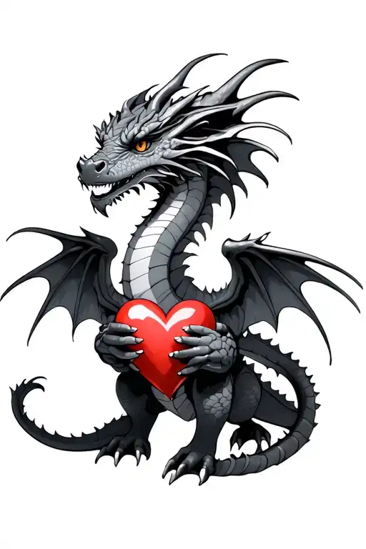 Create a dragon with side wings holding a heart tattoo design idea