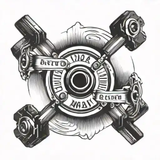 45lb standard barbell plate with a stereo volume dial in the center with hands turning the knob of the dial to the max tattoo design idea