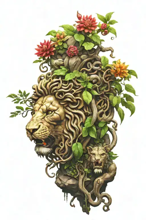 Medusa in jungle with stone statue lion tattoo design idea