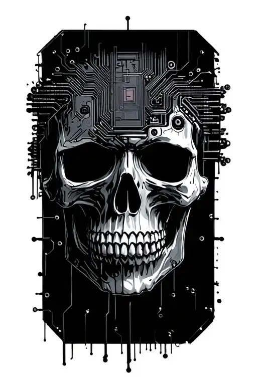 skull and technology with PCB tracks and dark atmosphere tattoo design idea