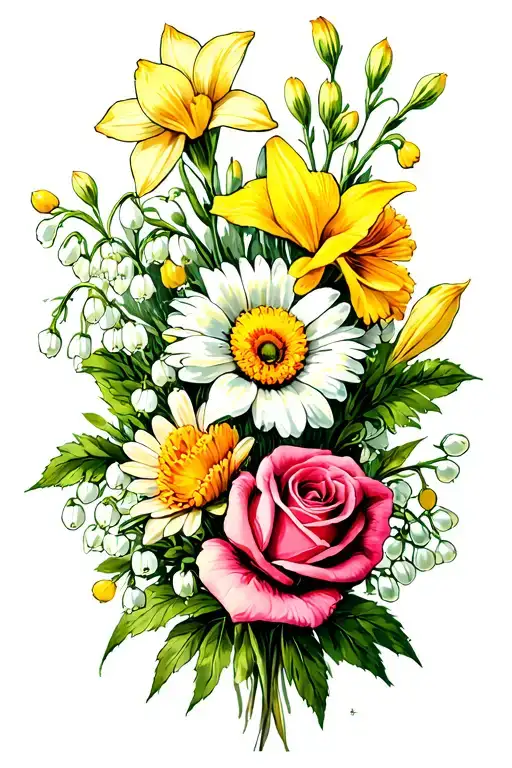 Flower bouquet using daffodil, daisy, lily of the valley, hawthorn, rose, gladiolus, aster, chrysanthemum, narcissus tattoo design idea