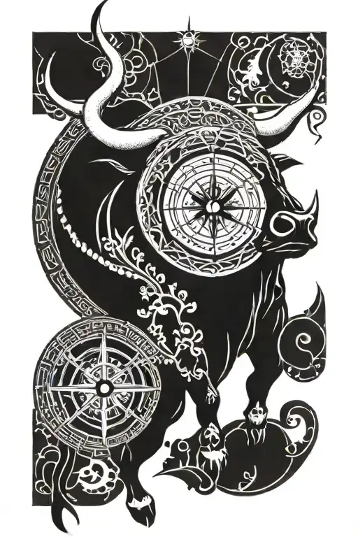 Spanish bull, Spanish tiles, sea, compass tattoo design idea