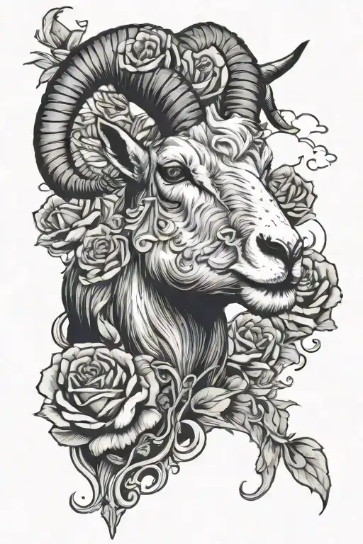 black and white full sleeve that starts with clouds over a goat head surrounded by tall mountains with roses tattoo design idea