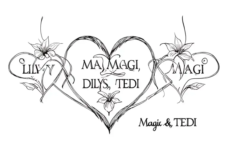 "LILY, MAGI, DILYS, TEDI " "LILY, MAGI, DILYS, TEDI " heart intertwined tattoo design idea