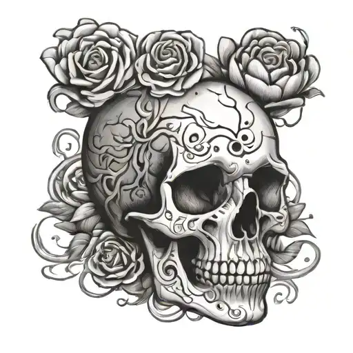 heart and brain infused onto skull mind over matter tattoo design idea
