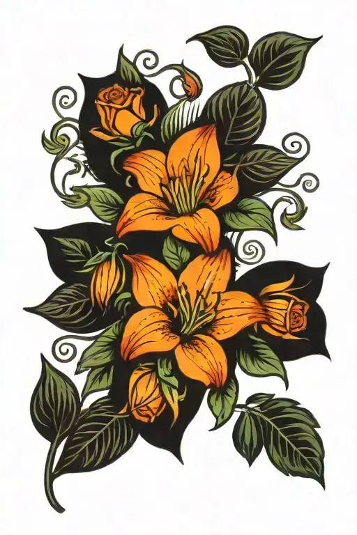 orange lilies, red roses, sunflowers, leaves tattoo design idea