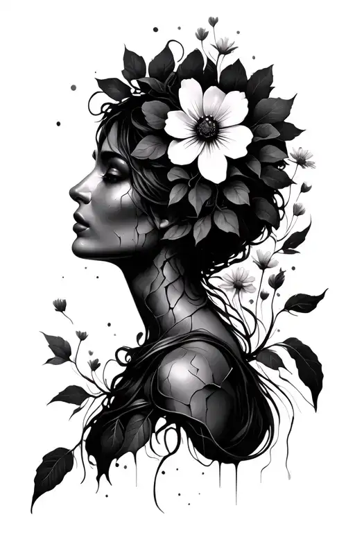 Broken mirrior as woman silioette with a realstic flower head and tiny flowers flowing form the head tattoo design idea
