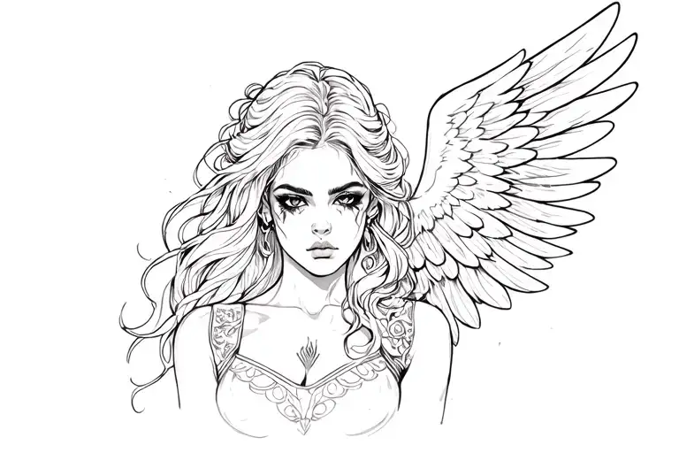 sad fighter women half angel half tattoo design idea