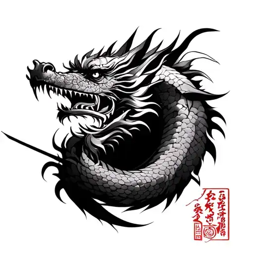 japanese warrior and wrapped dragon tattoo design idea