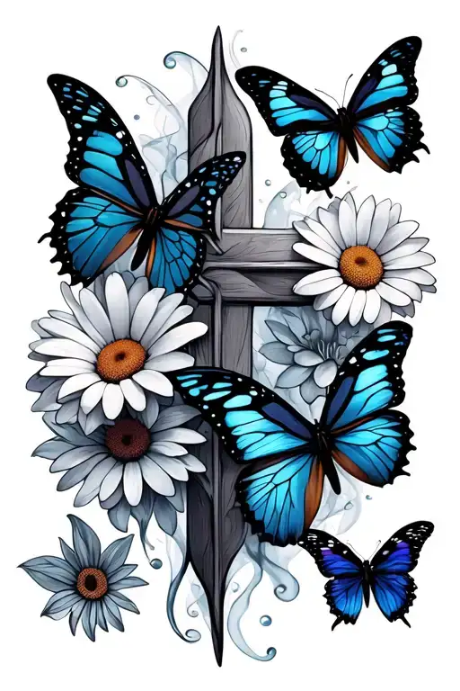 smoky fine line cross with 2 butterfly one open one closed and daisies  tattoo design idea