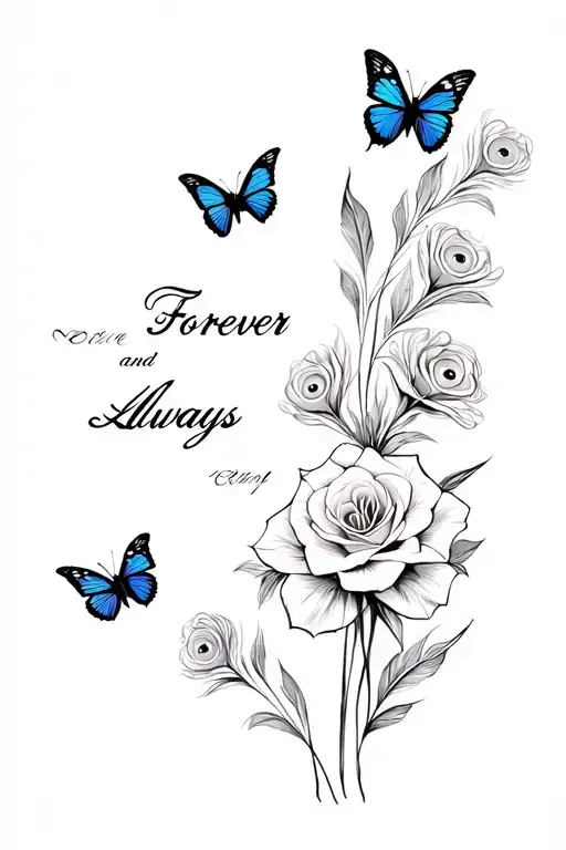 A bunch of Lilly's with three butterflies, three small peacock feathers saying forever and always with two roses birds tattoo design idea