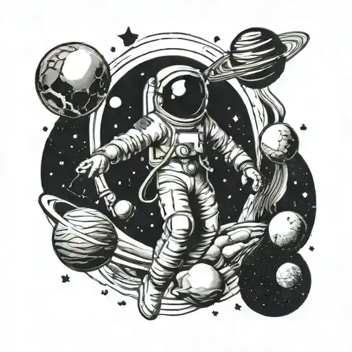 astronaut with planets coming tattoo design idea