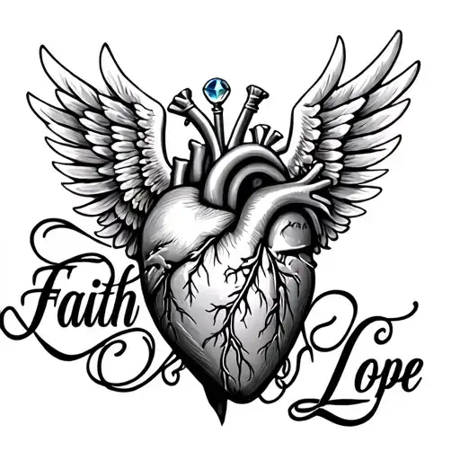 "Faith Hope Love" anatomical heart, caduceus the wings coming out of the heart are part of the caduceus six birthstones on top of staph tattoo design idea