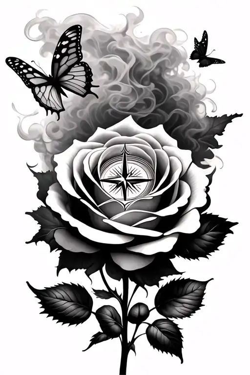 realistic Rose, 2 butterflies flying, a compass at the center of the rose showing to the West, with smoke rising  tattoo design idea