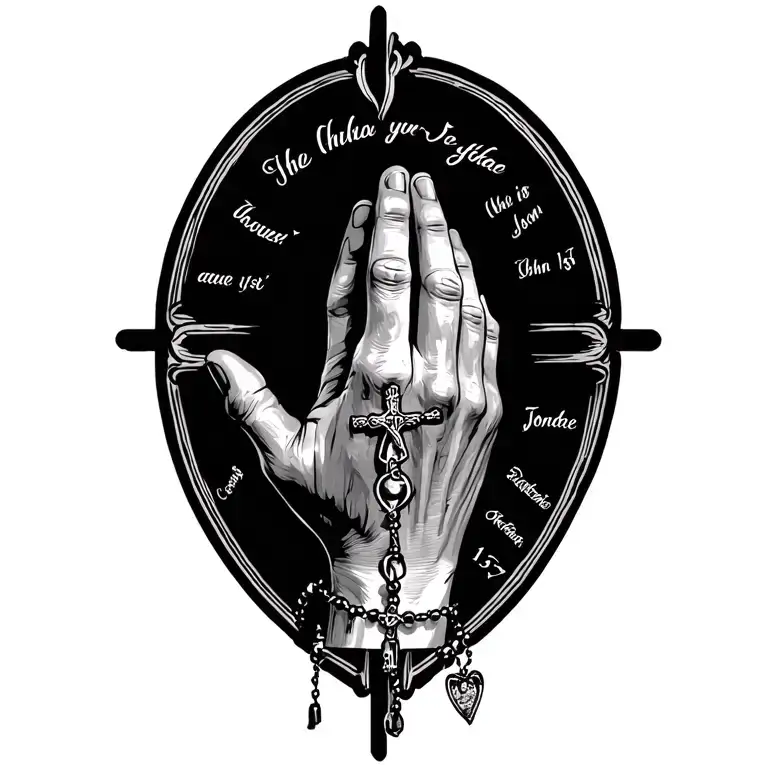 Praying hand with rosary amd Bible verse John 13:7 tattoo design idea