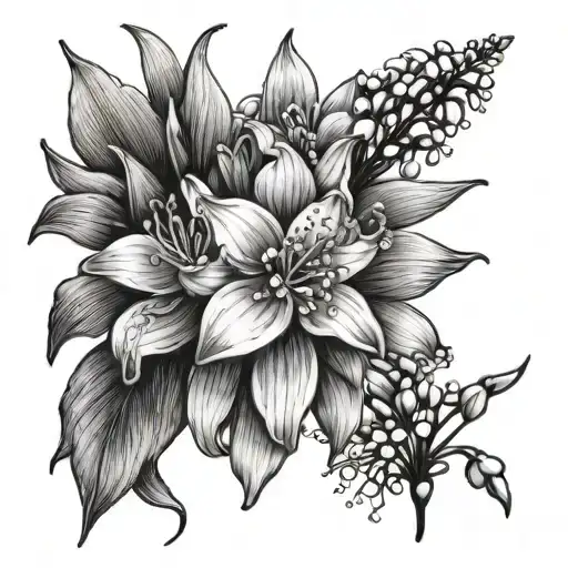 Snowdrop, Daffodil, Lily of the valley and Larkspur tattoo. Fine line. Black and grey. Flower bouquet. tattoo design idea
