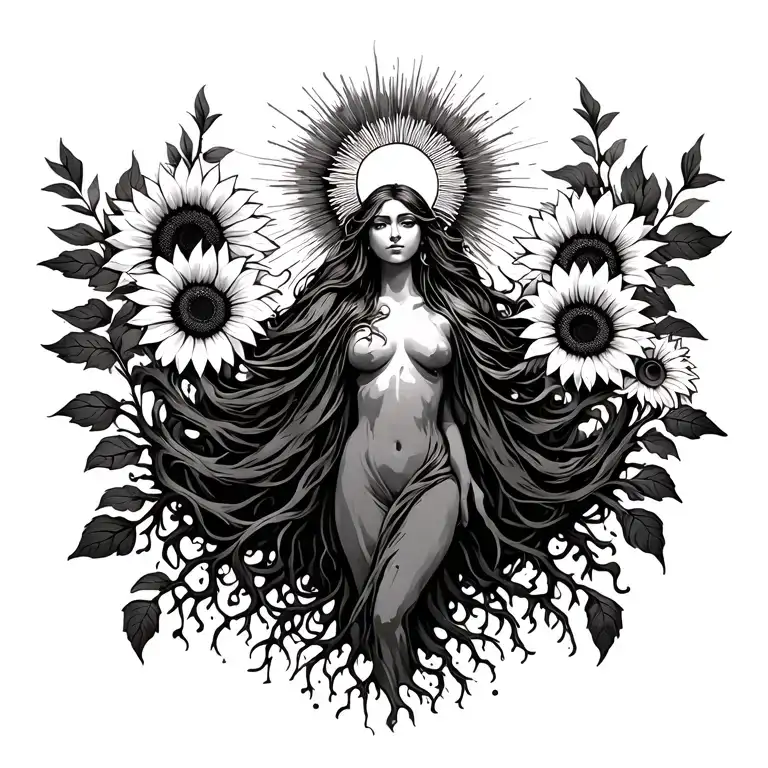 Feminine divine figure, standing tall with radiant sun, roots, 3 sunflowers, flowers vines roots vertical design  tattoo design idea