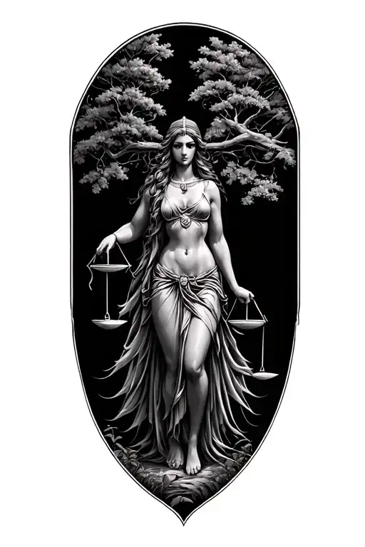 libra goddess in nature elements like trees tattoo design idea