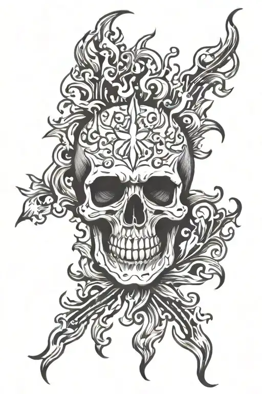 skull with flames surrounding tattoo design idea