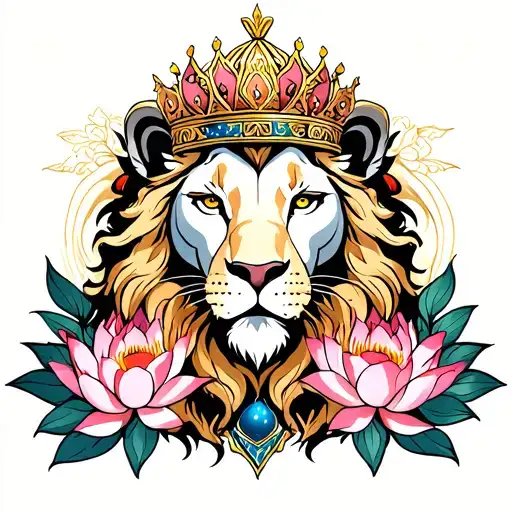 crowned lion with Orion's belt and lotus flowers intertwined tattoo design idea