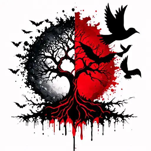 half poison tree half tree of life with bats and doves tattoo design idea