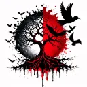 half poison tree half tree of life with bats and doves tattoo design idea