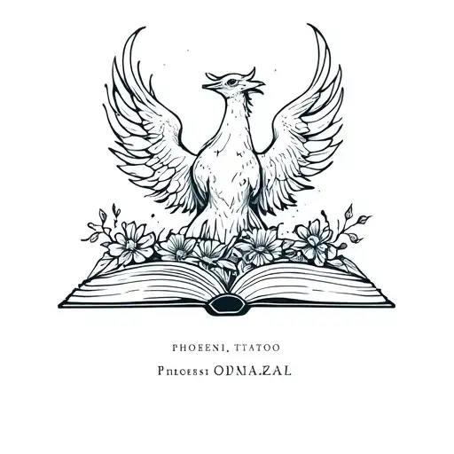 phoenix rising with florals and open book tattoo design idea