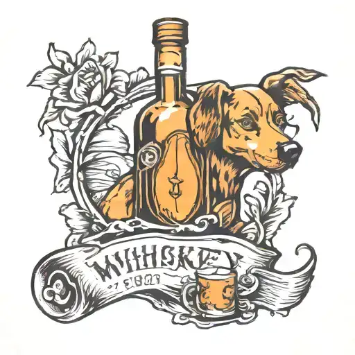 whiskey bottle and dog tattoo design idea