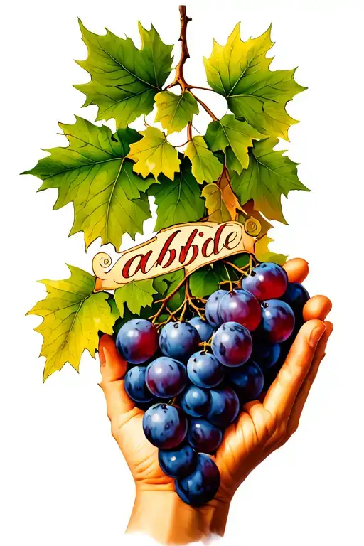 the hand of God holding a vine with grapes, and in the center of the vine is woven the word "abide" tattoo design idea